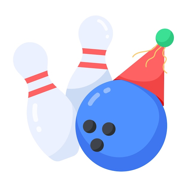 A blue bowling ball with a red hat and pins.