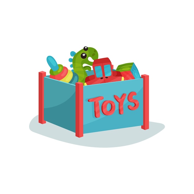 Vector blue box full of toys for toddlers or preschool children colorful pyramid green dinosaur cube and red car flat vector icon