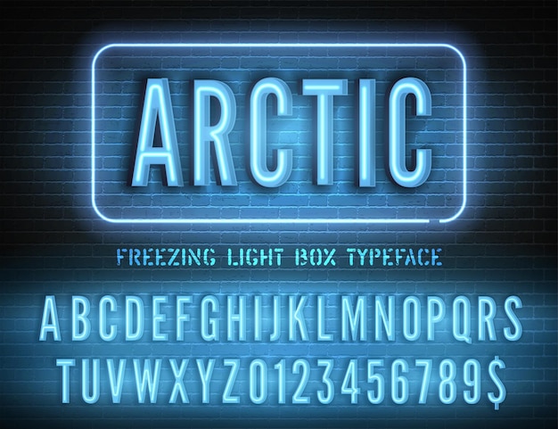 Синий неоновый шрифт с цифрами на фоне кирпичной стены Вектор арктическая ночная светлая коробка знак