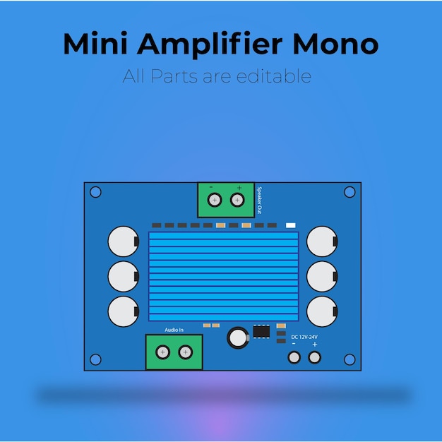 Vector a blue box with the words mini amplifier mono and all parts are editable.