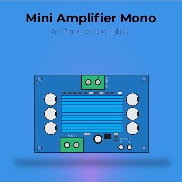 Vector a blue box with the words mini amplifier mono and all parts are editable.
