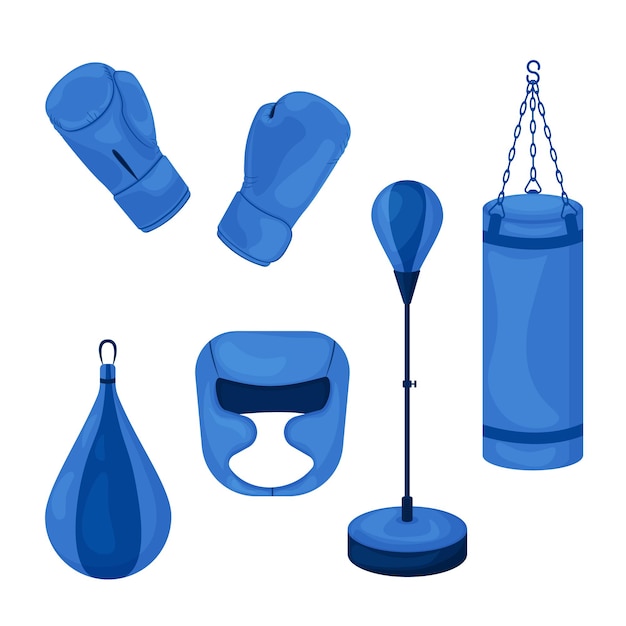 Синий боксерский комплект, состоящий из боксерской груши, перчаток для единоборств и защитного шлема для бокса и кикбоксинга. Спортивный комплект. Оборудование для боевых искусств. Векторная иллюстрация.