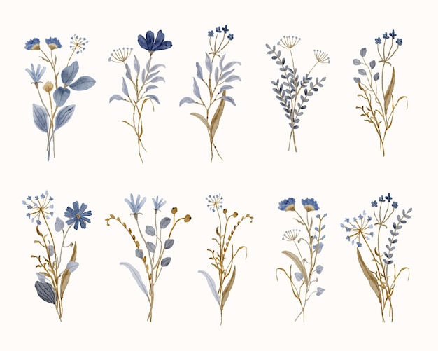 Vector blue brown floral watercolor bouquet collection