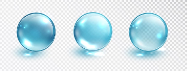Blue bubble set isolated on transparent background. Water bubble or glass ball template. Realistic macro vector illustration.