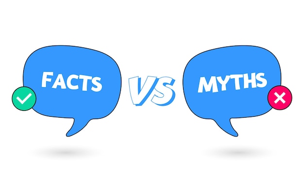 Blue bubbles with myths vs facts Concept of thorough fact checking or easy compare evidence Flat cartoon style trend modern vector illustration