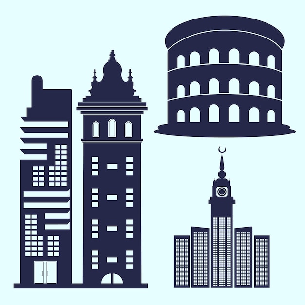 Vector blue buildings with silhouette