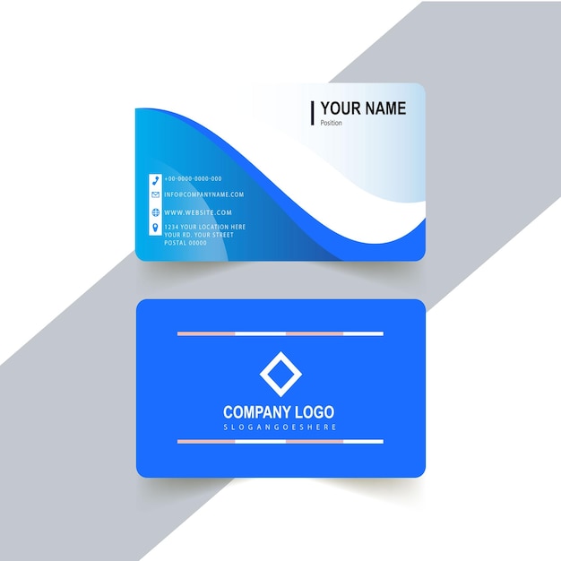 blue business card with a white and blue background