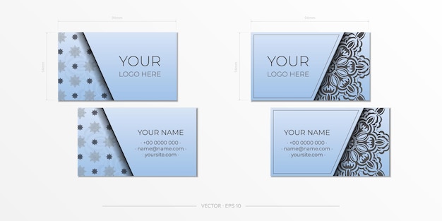 Синие визитки с роскошными черными узорами. Дизайн визитной карточки с винтажным орнаментом.