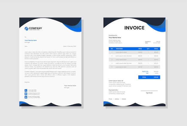 Blue business stationery letterhead and invoice template