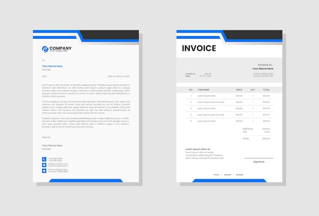blue business stationery letterhead and invoice template