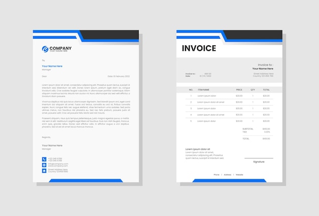 Blue business stationery letterhead and invoice template