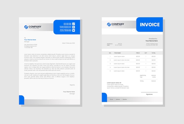 blue business stationery letterhead and invoice template