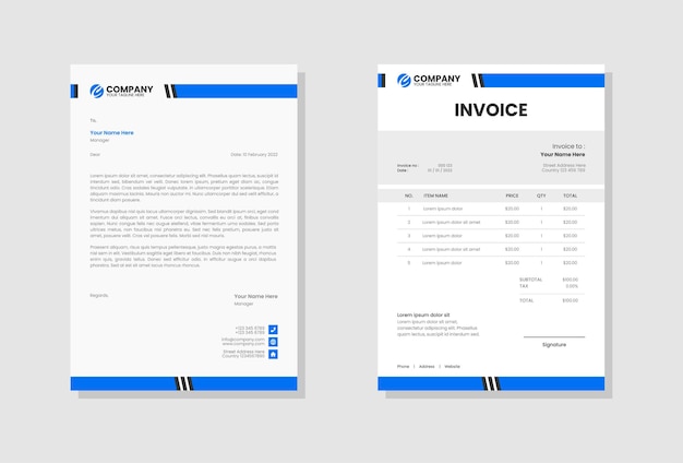 blue business stationery letterhead and invoice template