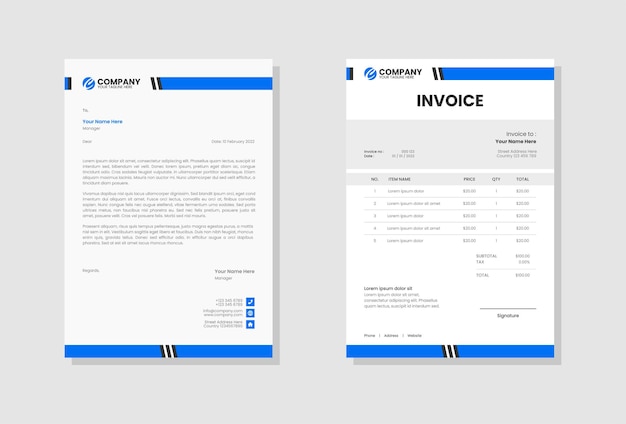 Blue business stationery letterhead and invoice template