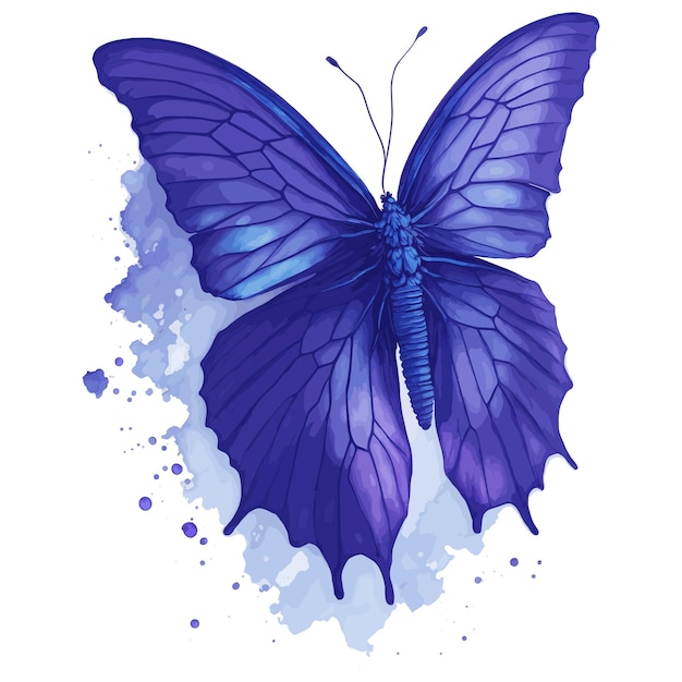 A blue butterfly with wings and wings painted with watercolors.