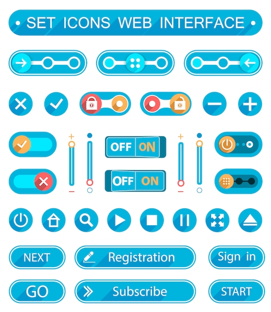 Vector blue buttons and switches in a minimalist style