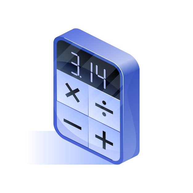 Blue calculator with digital keypad icon in isometric view