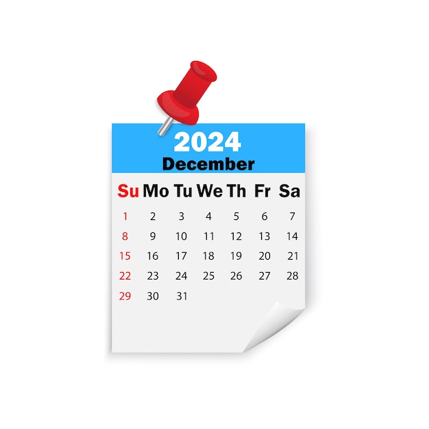 핀에 파란색 달력 2024년 12월. 벡터 일러스트 레이 션.