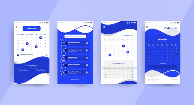 Vector blue calendar app ui ux concept page