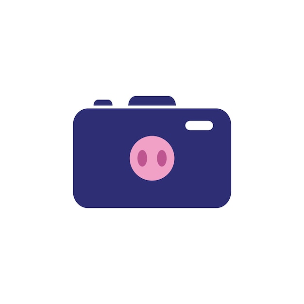 Una fotocamera blu con un pulsante rosa sopra.