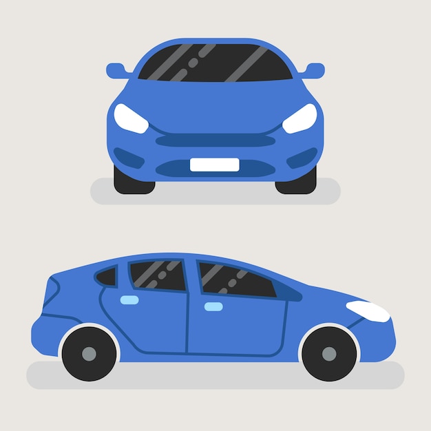 Blue car in the front view and side view