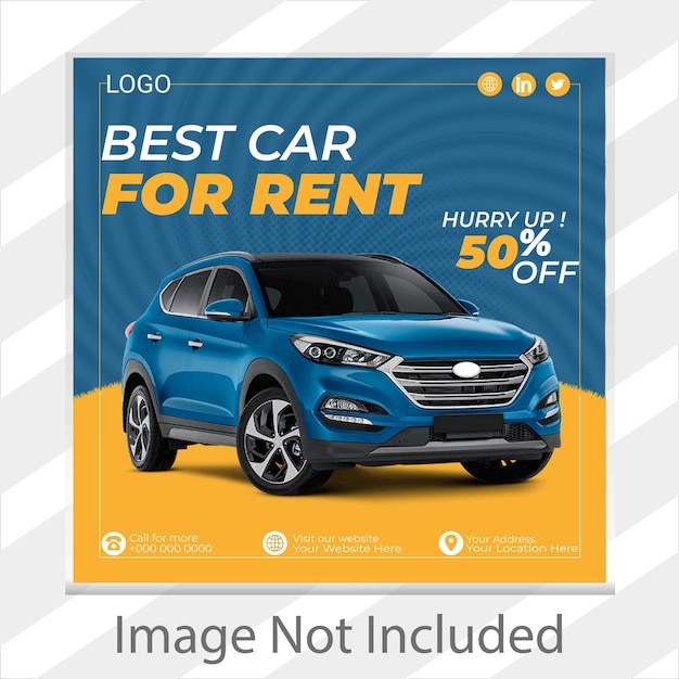 A blue car for rent with a picture of the car on it