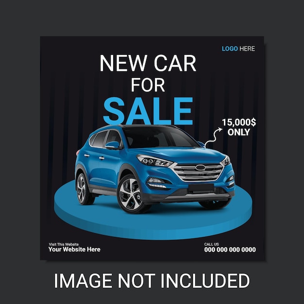 A blue car for sale is displayed on a black background.
