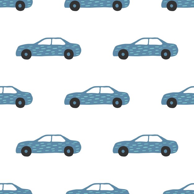 Blue car seamless pattern. doodle cars vector illustration. design for fabric, textile print, wrapping paper, children textile.