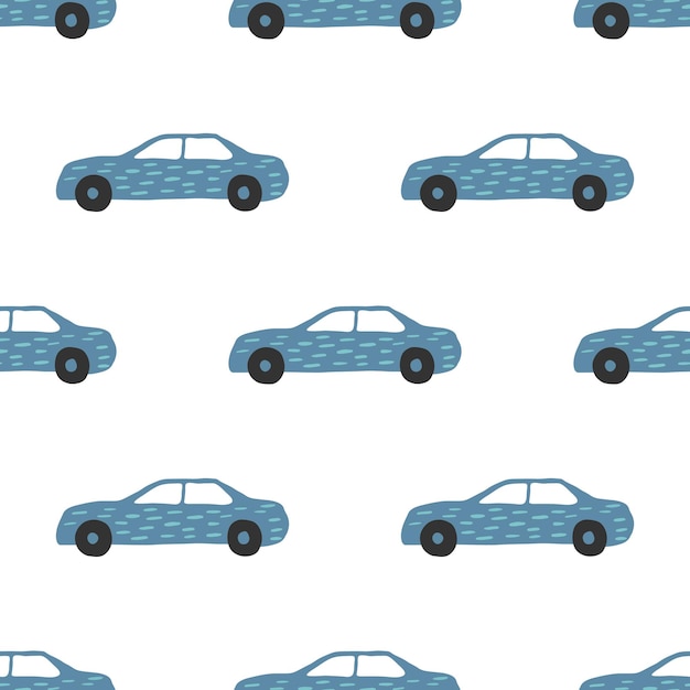 青い車のシームレスなパターン。落書き車のベクトル図。ファブリック、テキスタイルプリント、包装紙、子供用テキスタイルのデザイン。