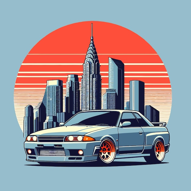 Vector a blue car with city background flat colors