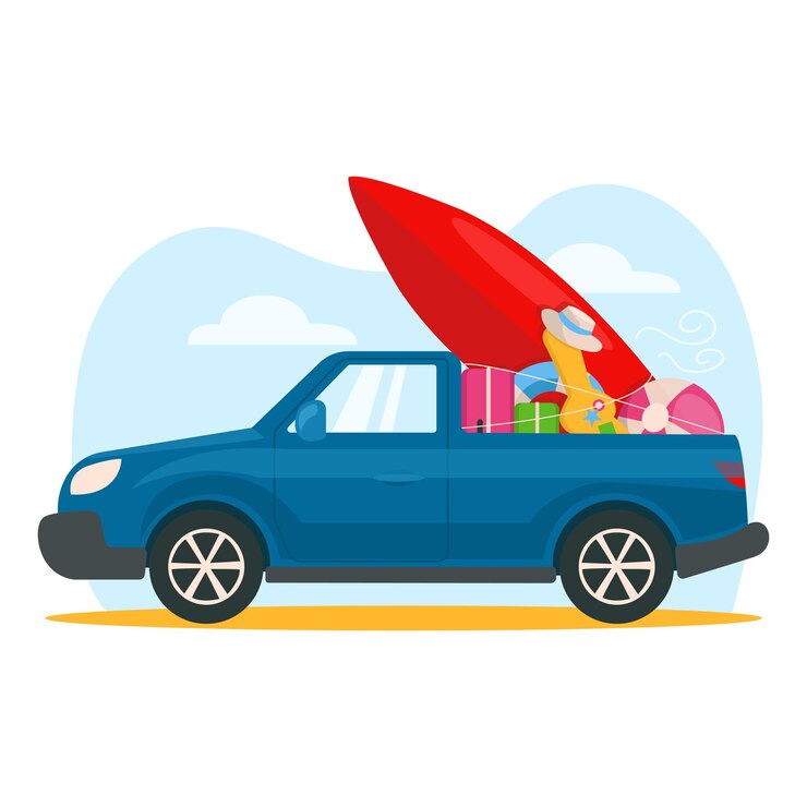 वेक्टर the blue car with things goes on vacation fixed suitcases surfboard hat ball guitar
