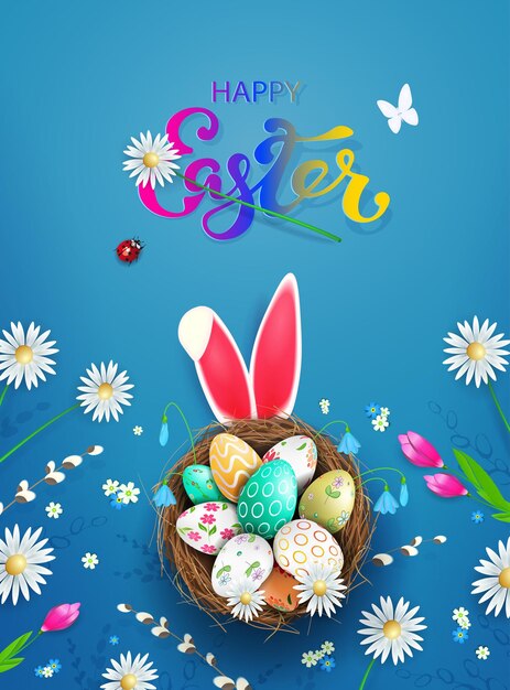 Blue card with easter eggs in a nest of straw red beetle isolated