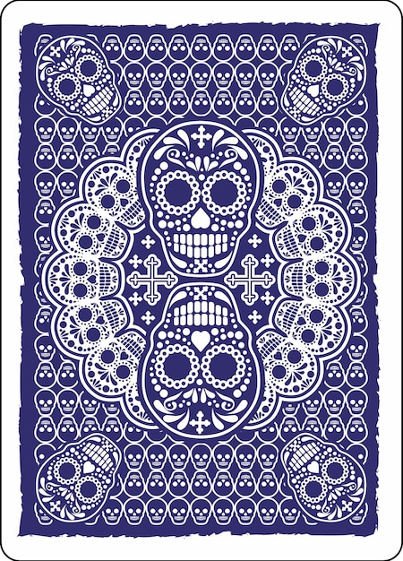 A blue card with a skull and flowers on it.