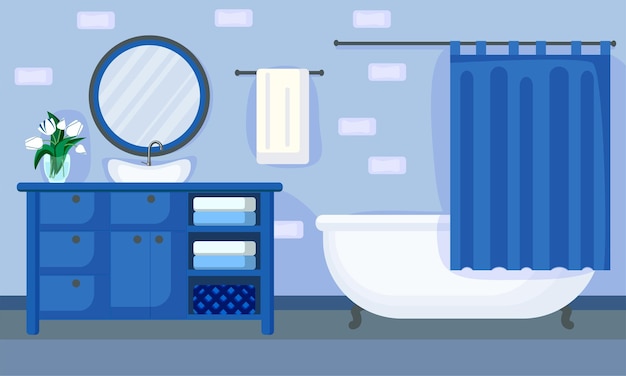 Blue cartoon bathroom interior vector illustration