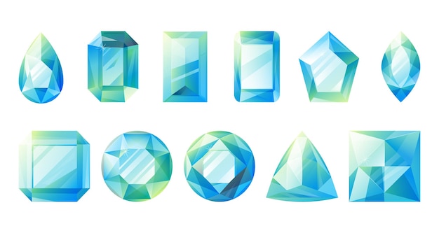 Blue cartoon gems in different geometric shapes faceted diamonds and crystals set of vector shining