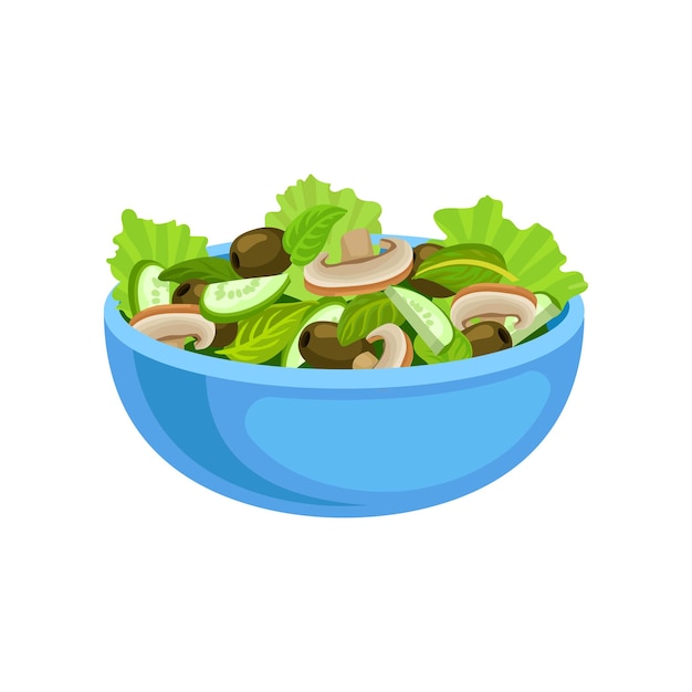 Синяя керамическая миска вкусного салата со свежими ингредиентами Вегетарианское питание Плоский векторный элемент для книги рецептов или меню кафе