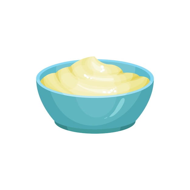 Blue ceramic dip bowl filled with creamy cheese sauce Delicious cooking ingredient Traditional garnish for nachos Culinary theme Colorful flat vector design