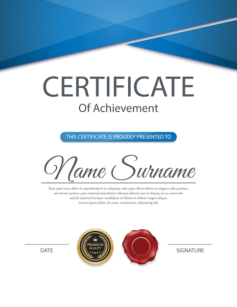 Blue certificate of  achievement  in modern style