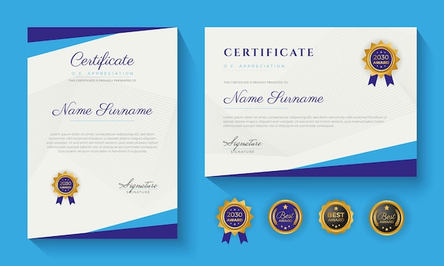 Blue certificate of achievement template with gold badge