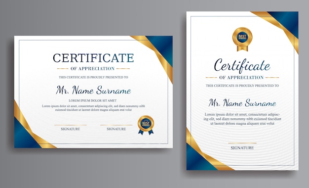 Modello di certificato blu con colore di lusso e distintivi