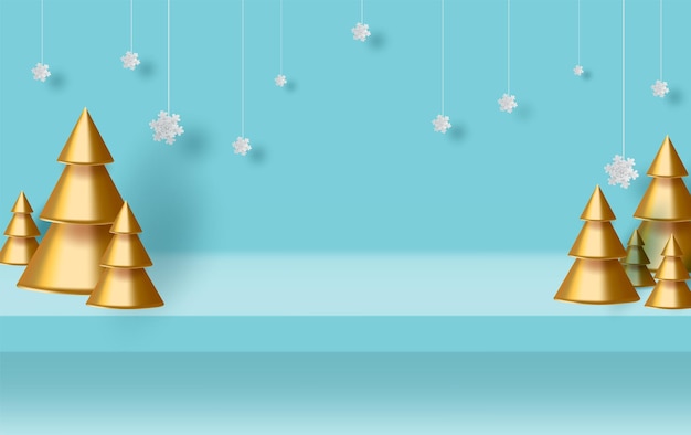 Blue Christmas achtergrond met rand gemaakt van gouden boom en hangende snow.paper kunst en ambachtelijke kerstgroet digitale kaart. Horizontale weergave studio tafelkamer, product met kopieerruimte weergave vakantie