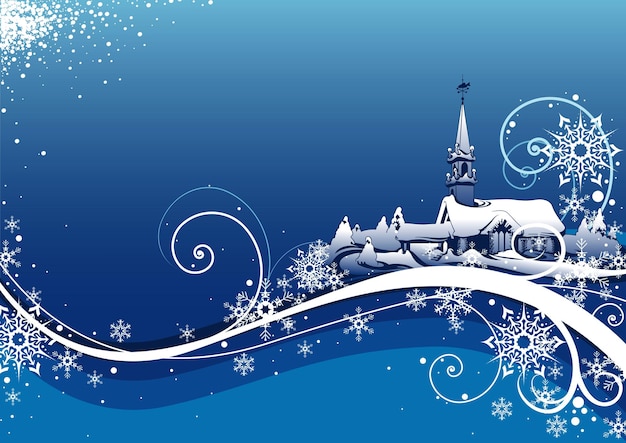 Blue christmas background with winter church and frosty curves with snowflakes