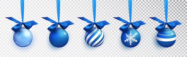 Blue christmas balls with different patterns hanging on a ribbon with a lush bow. christmas baubles set isolated on transparent background