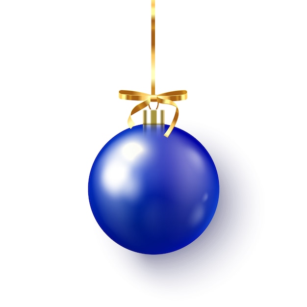 Blue christmas bauble with ribbon and bow on white