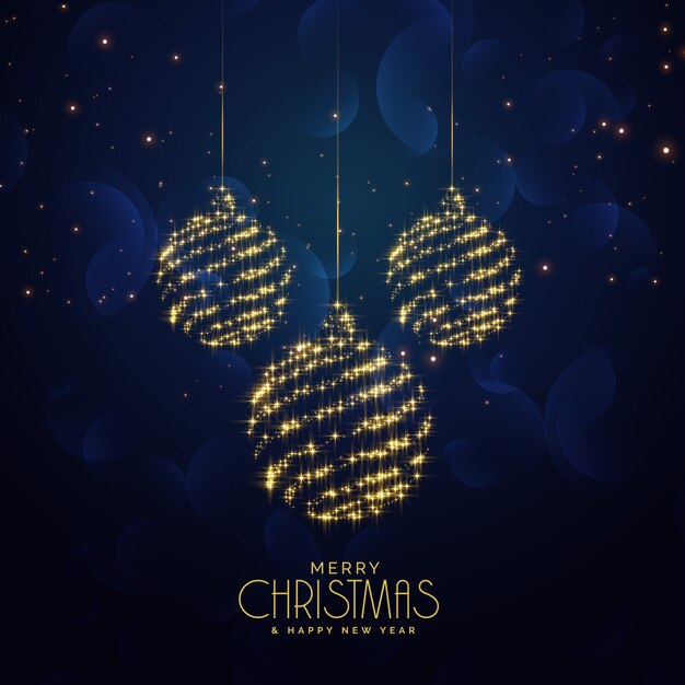 Blue christmas holiday background with hanging balls and sparkles