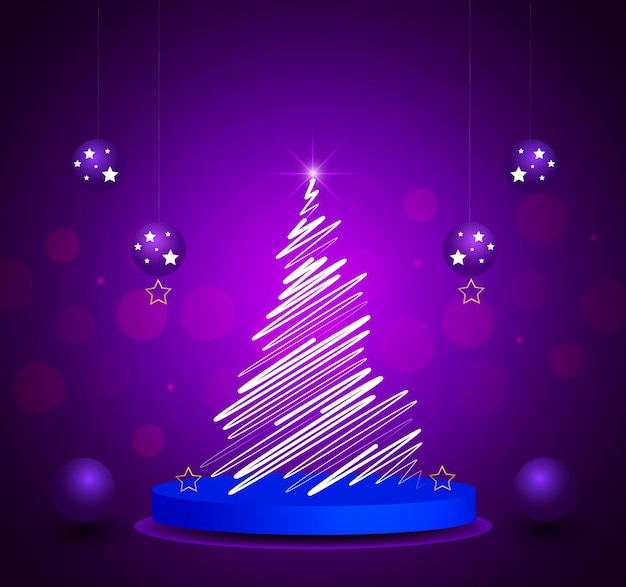 Blue Christmas illustration with decorative elements balls, tress, stars. banner background