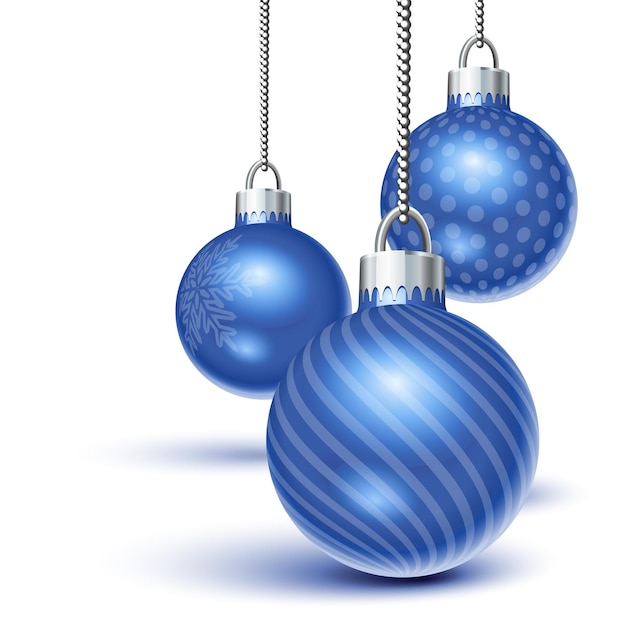 Blue christmas ornaments hanging over white