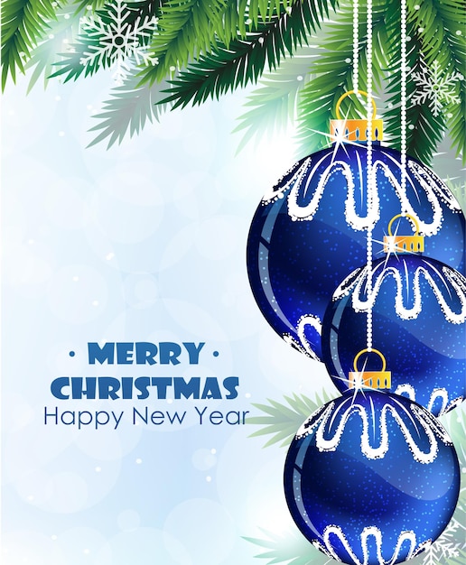 Blue christmas tree ornaments and pine tree branches on blue background