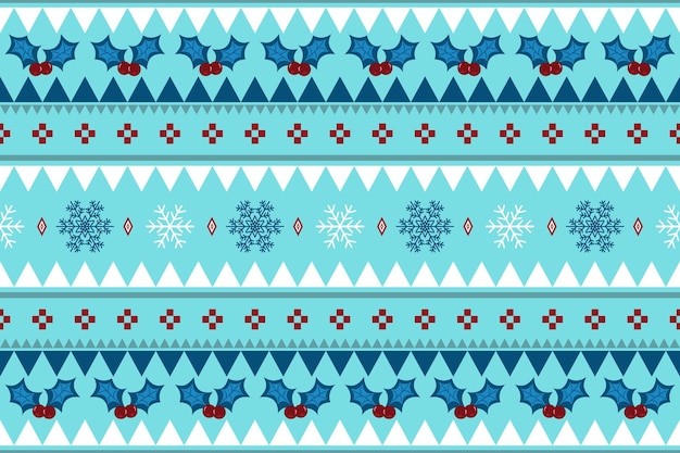 Blue Christmas vintage ethnic seamless pattern decorated with snowflakes and holy cherry leaves. design for background, wallpaper, fabric, carpet, web banner, wrapping paper. embroidery style. vector.