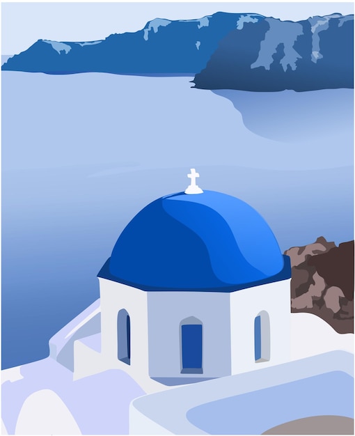 Blue Church Santorini Island Greece Illustration